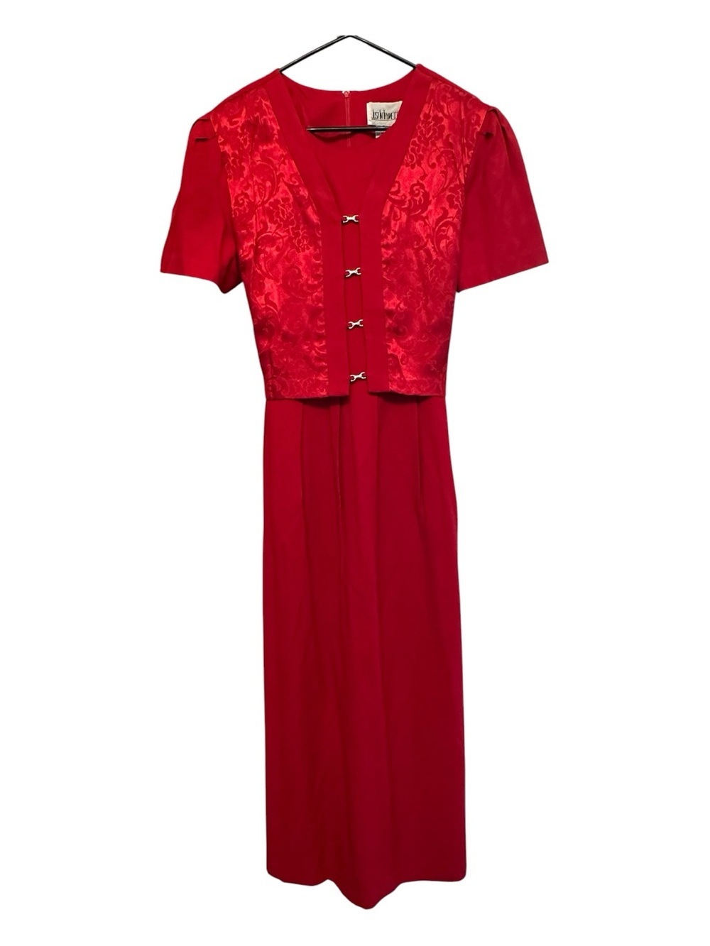 Vintage 90’s Just in Thyme Red Midi Dress with Brocade Bodice & Tie Back Size 14